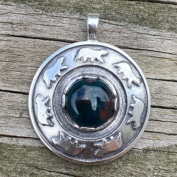 Bear Dance Circle Pendant .925 Sterling Silver w/ genuine Bloodstone Made in USA - Picture 10 of 10